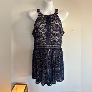 Sleeveless Navy Blue Lace Mini Dress. Size 15 Juniors.